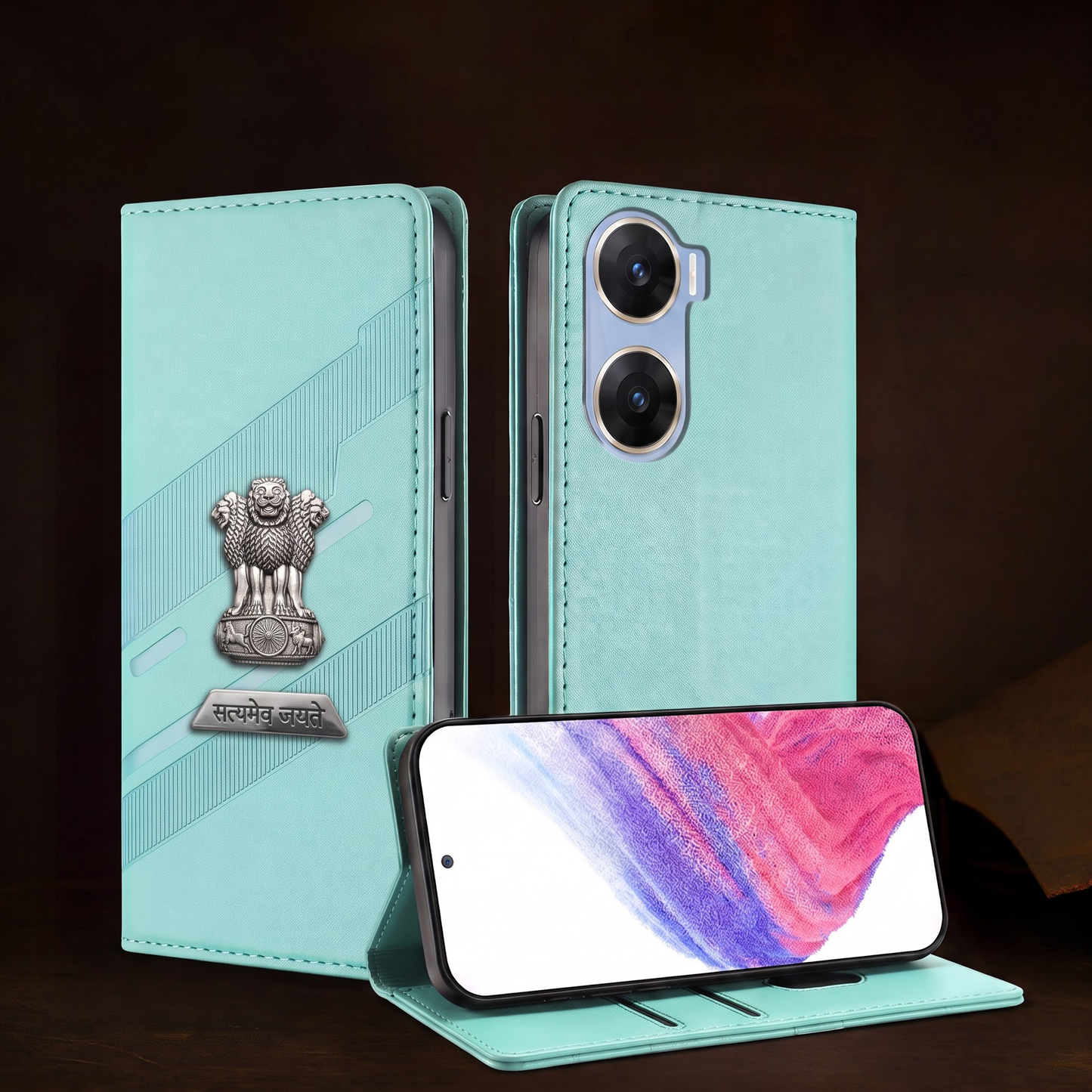 Vivo V29e 5G Metal Satyamev Jayate 2-in-1 Emblem Magnetic Flip Wallet Case