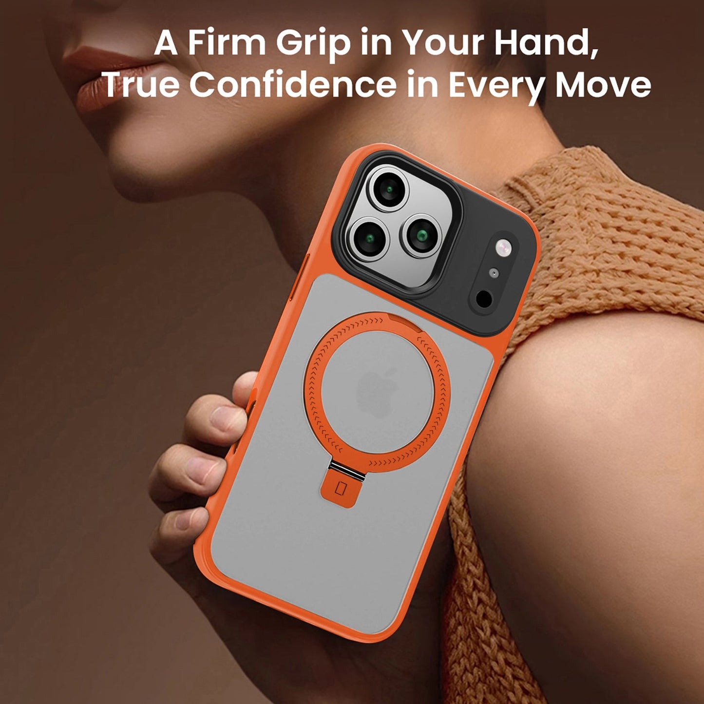 Person holding a phone with an orange and gray case, text about confidence.