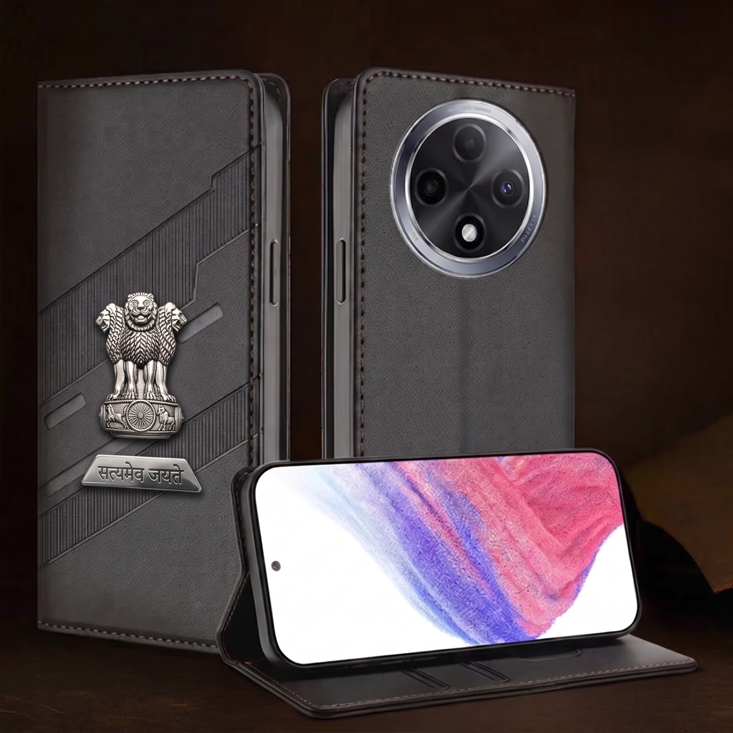 Oppo F27 Pro+ 5G Metal Satyamev Jayate 2-in-1 Emblem Magnetic Flip Wallet Case