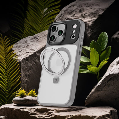 Phone case with magnetic ring stand on a rock with plants