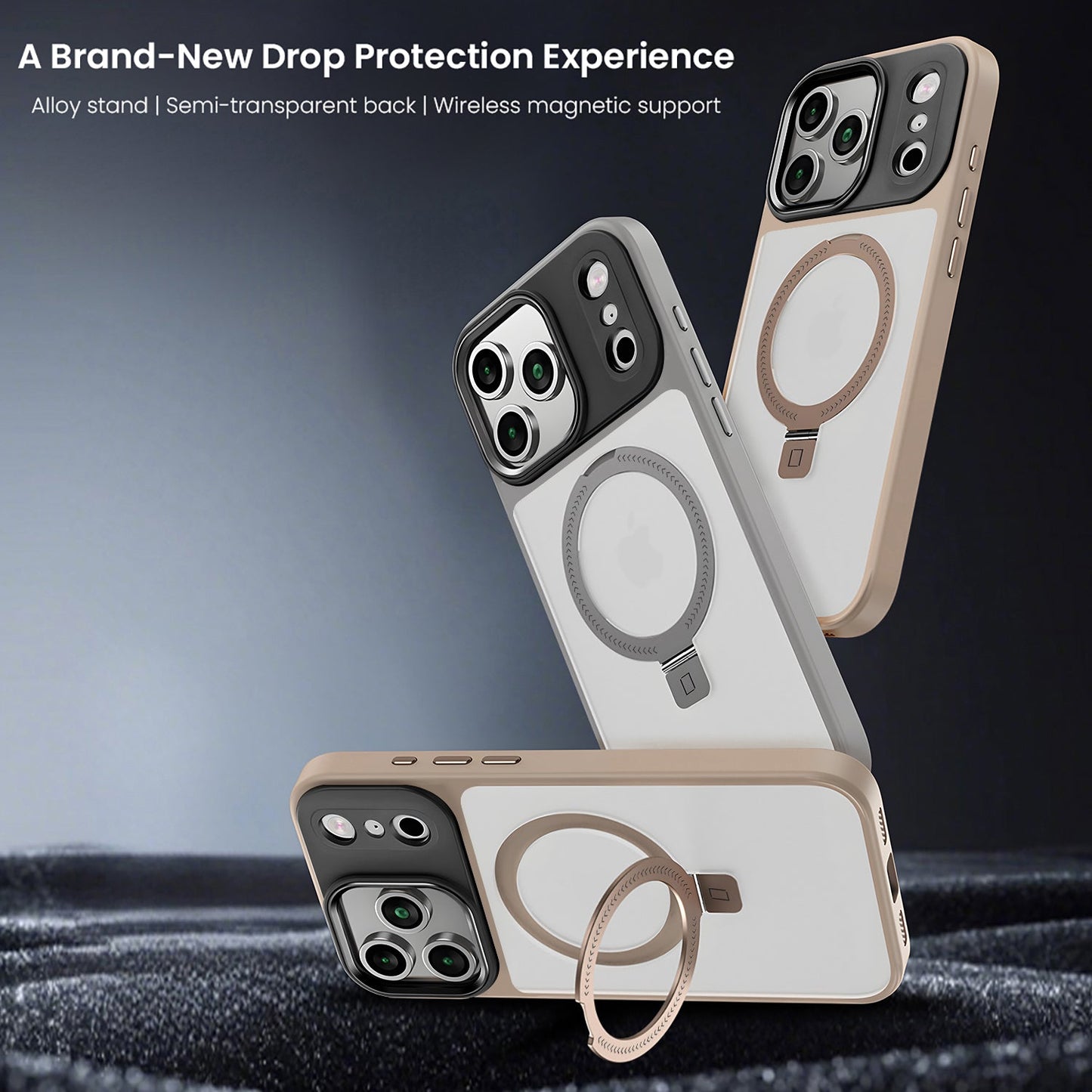 Phone cases with magnetic ring stands on a dark background