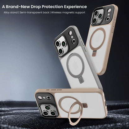 Phone cases with magnetic ring stands on a dark background