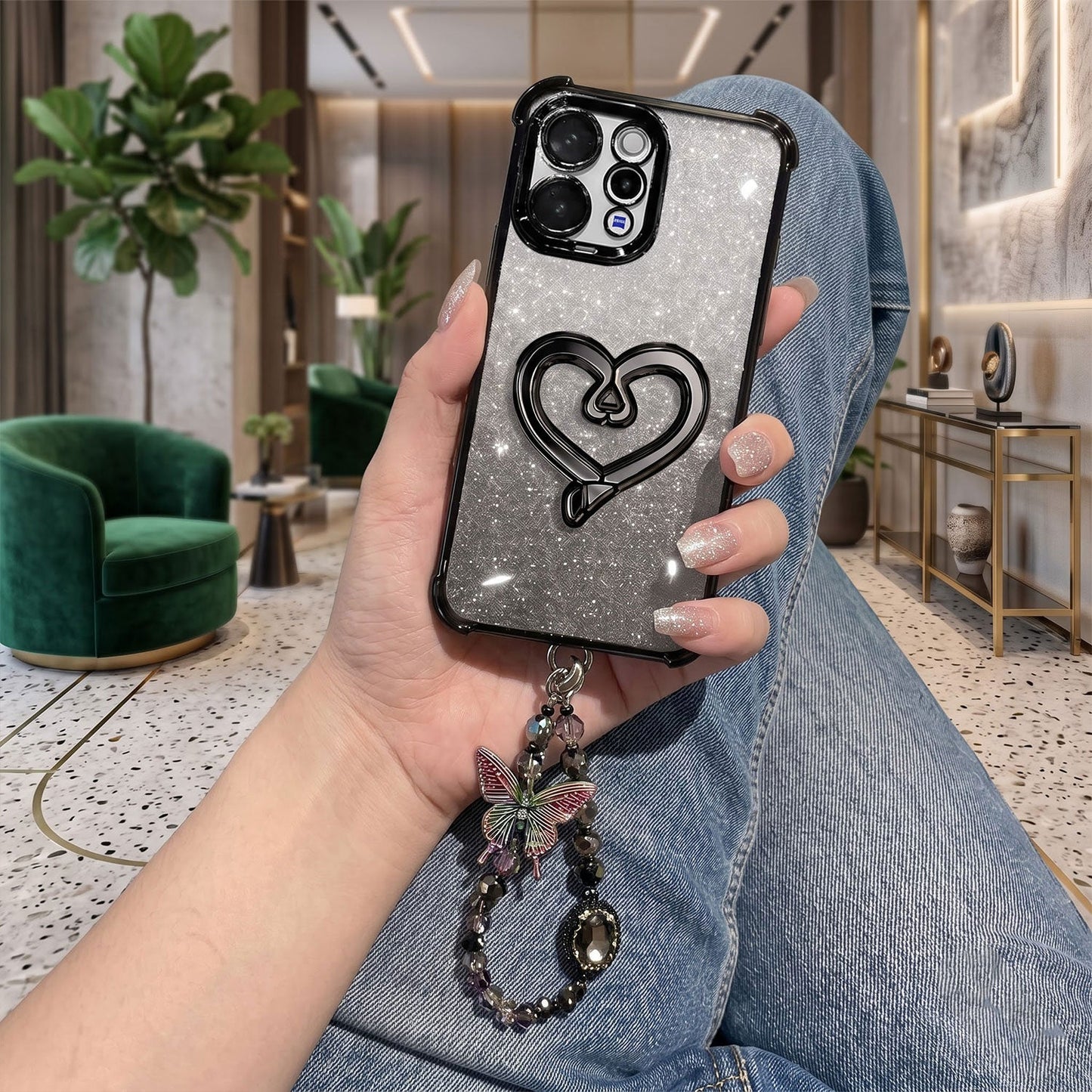 Vivo V70 5G Luxury Shimmer Airbag Heart Stand Case with Charm Strap