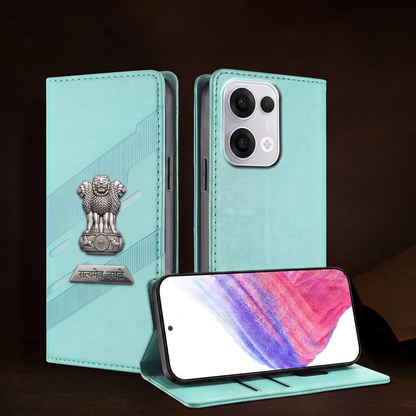 Oppo Reno 13 5G Metal Satyamev Jayate 2-in-1 Emblem Magnetic Flip Wallet Case