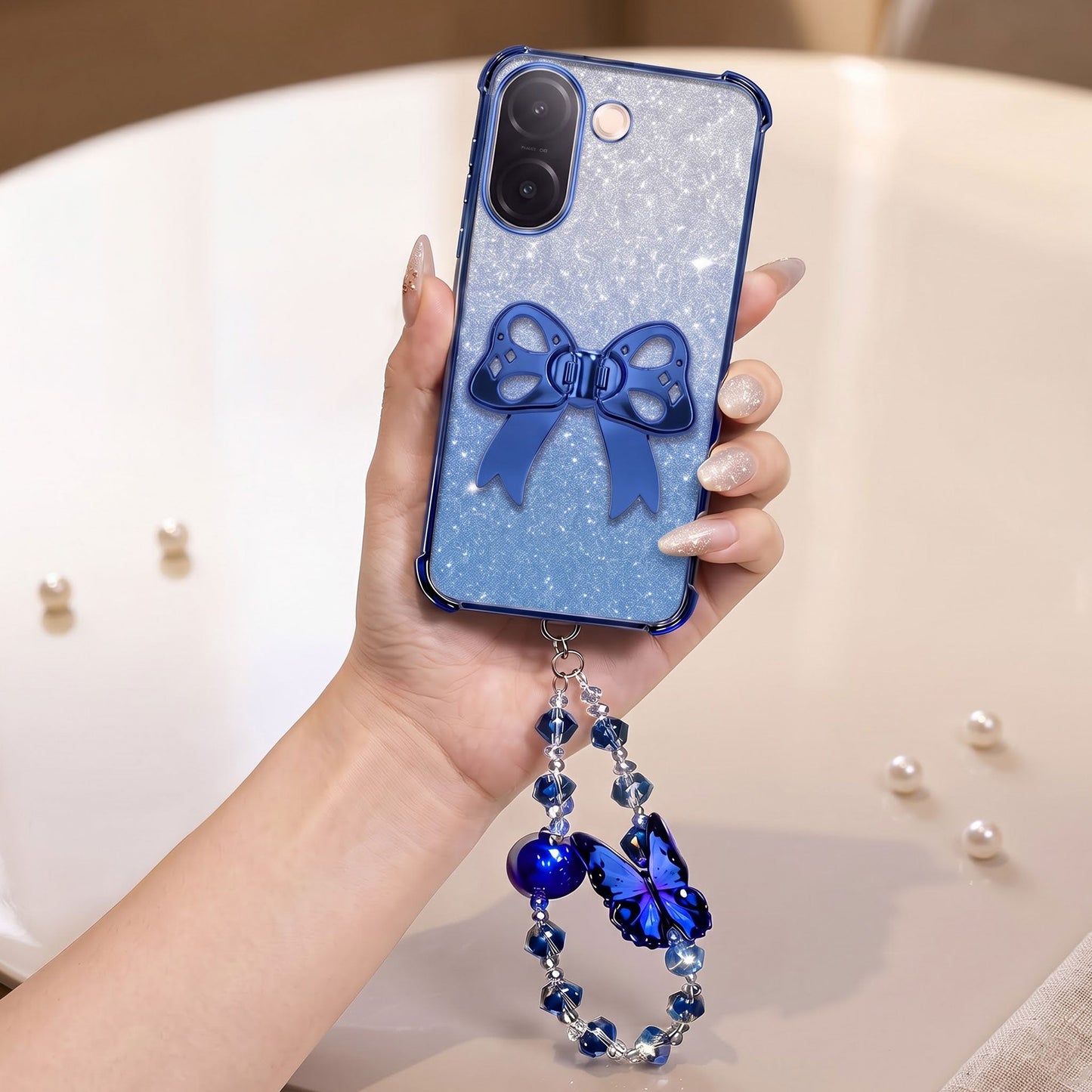 Vivo V60e 5G Luxury Shimmer Airbag Bow Stand Case with Charm Strap