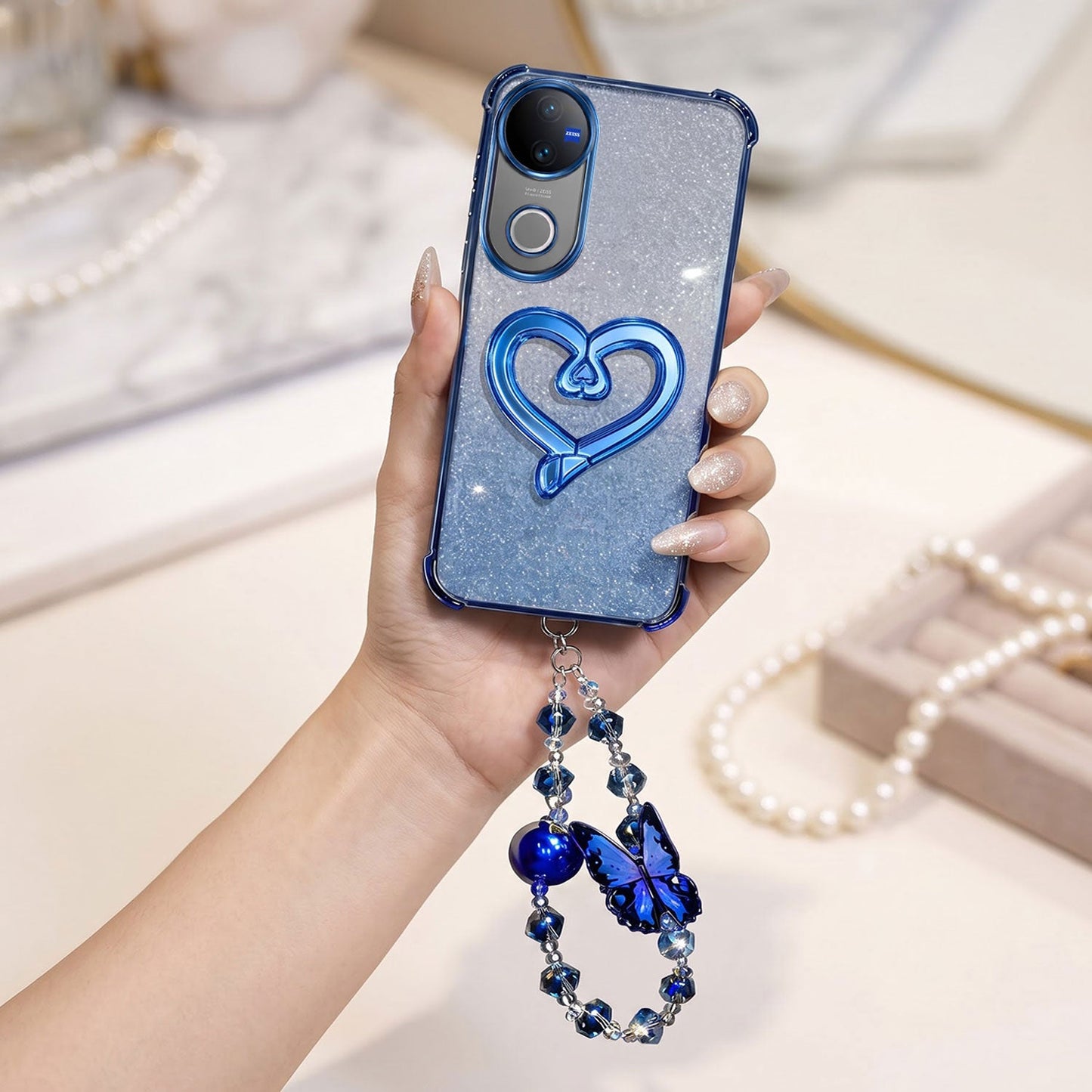 Vivo V50 5G Luxury Shimmer Airbag Heart Stand Case with Charm Strap