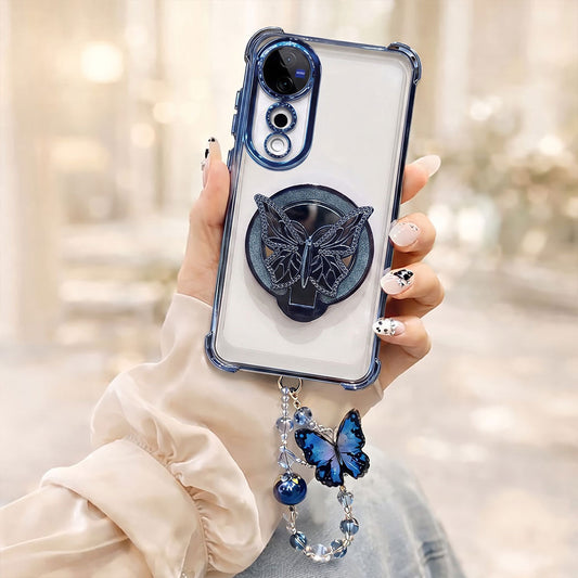 Vivo V40 Pro 5G Transparent Airbag Butterfly Stand Case with Charm Strap