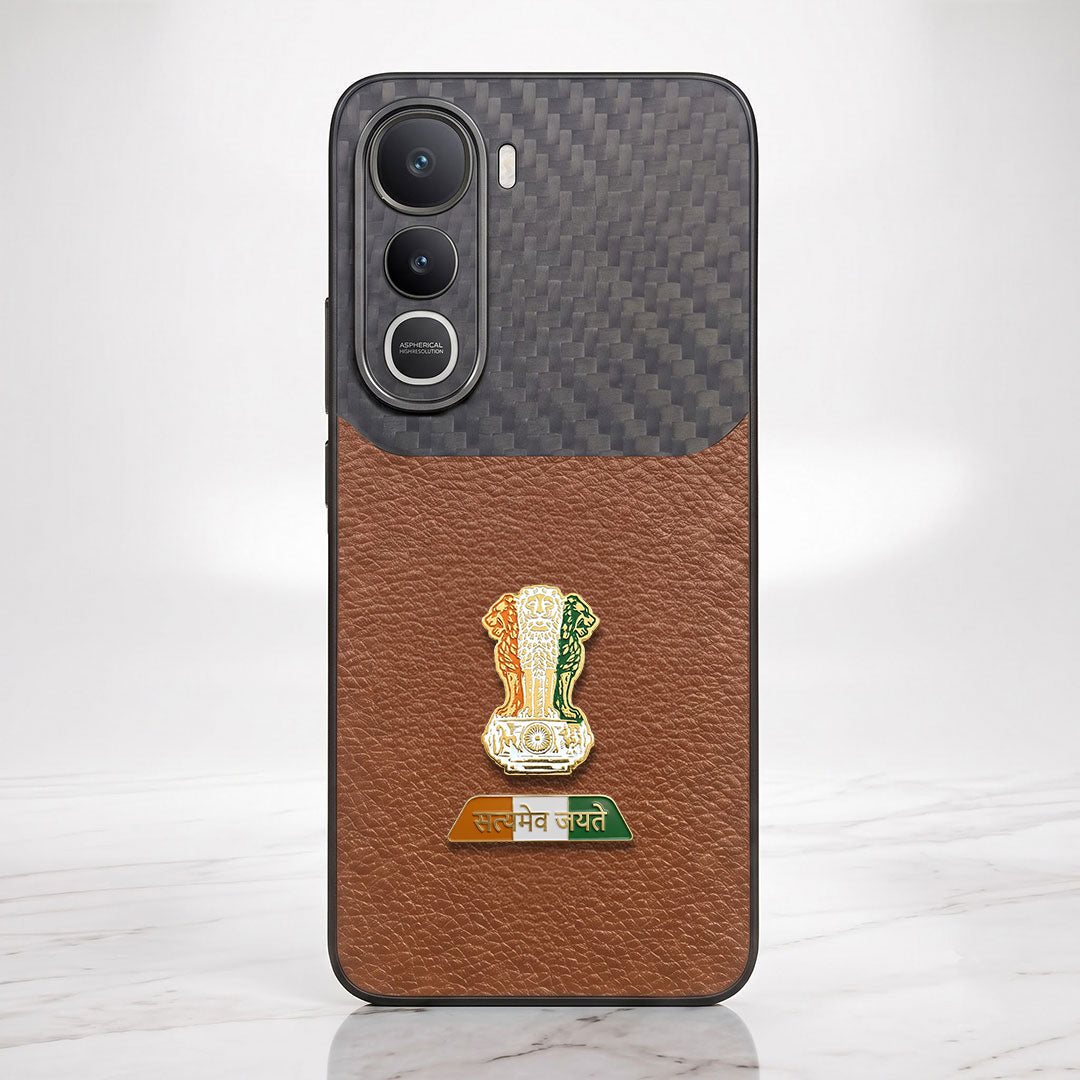 Vivo Y400 Pro 5G Tri-Color Satyamev Jayate Carbon Fiber Leather Hybrid Phone Case