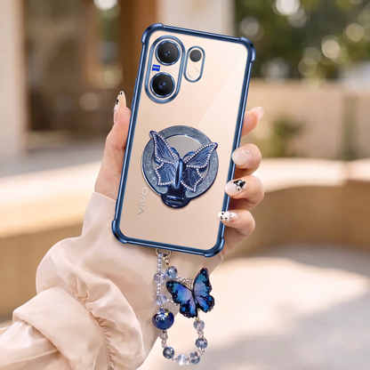 Vivo V60 5G Transparent Airbag Butterfly Stand Case with Charm Strap