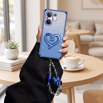 Vivo V60 5G Luxury Shimmer Airbag Heart Stand Case with Charm Strap