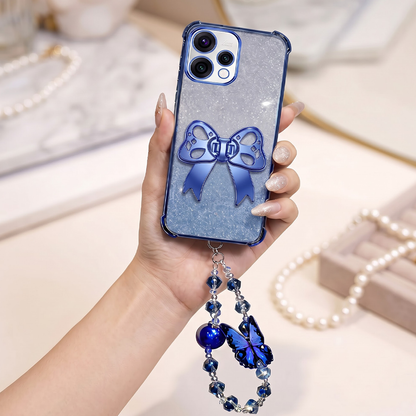 Oppo Reno 15 5G Luxury Shimmer Airbag Bow Stand Case with Charm Strap