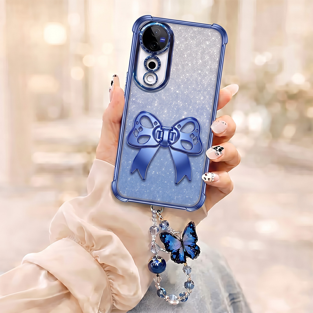 Vivo V40 Pro 5G Luxury Shimmer Airbag Bow Stand Case with Charm Strap