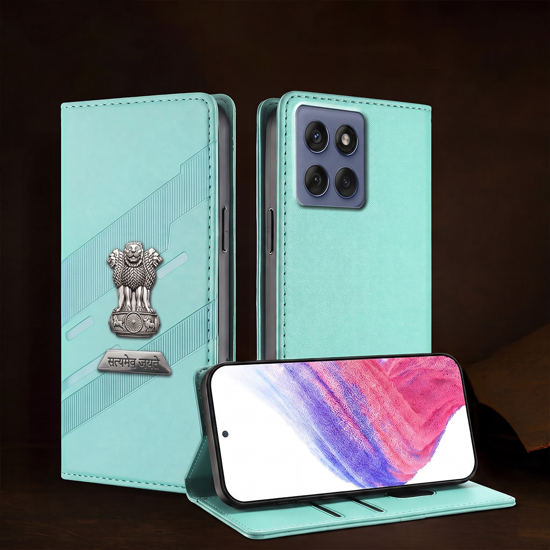 Motorola Edge 60 Fusion 5G Metal Satyamev Jayate 2-in-1 Emblem Magnetic Flip Wallet Case