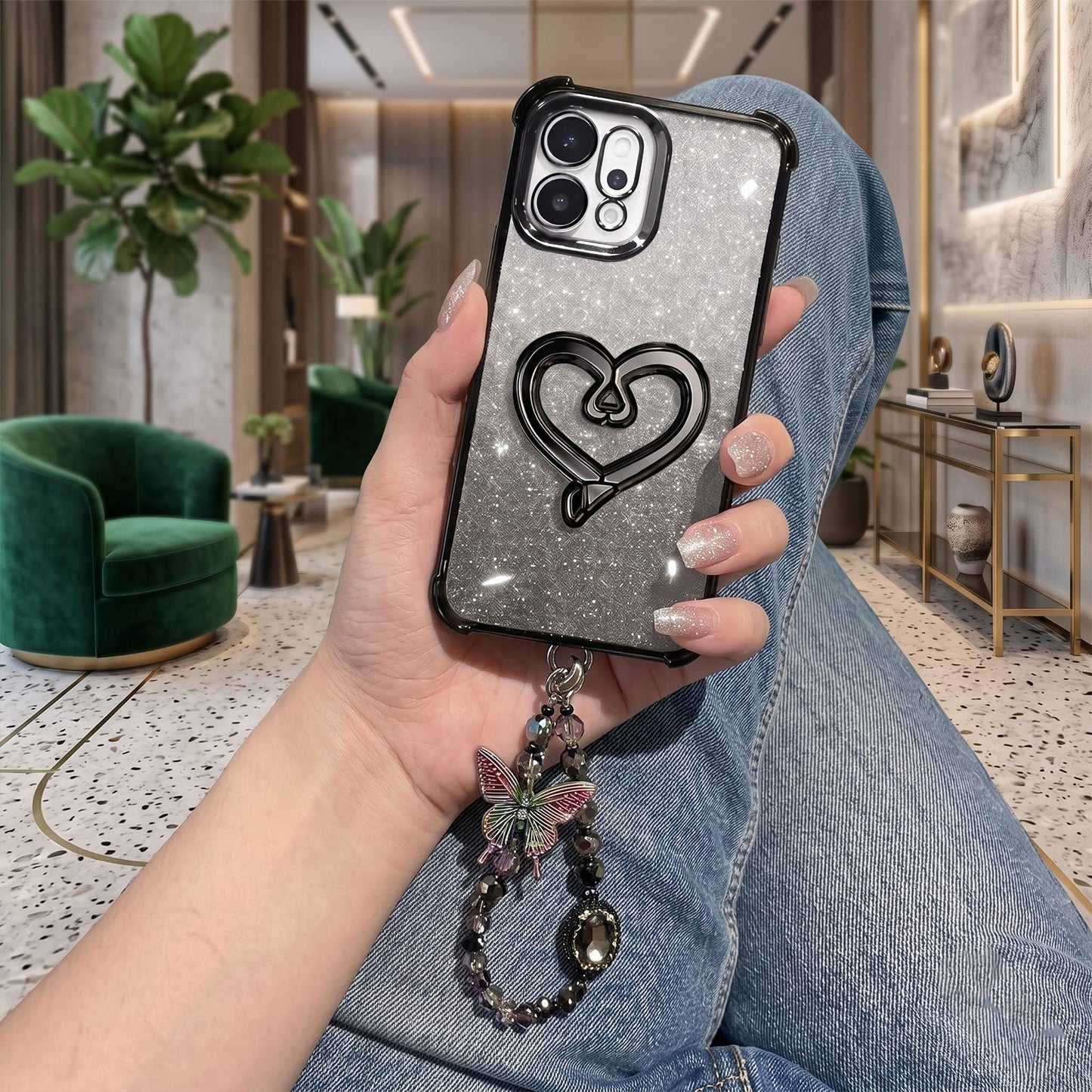 Oppo Reno 14 5G Luxury Shimmer Airbag Heart Stand Case with Charm Strap