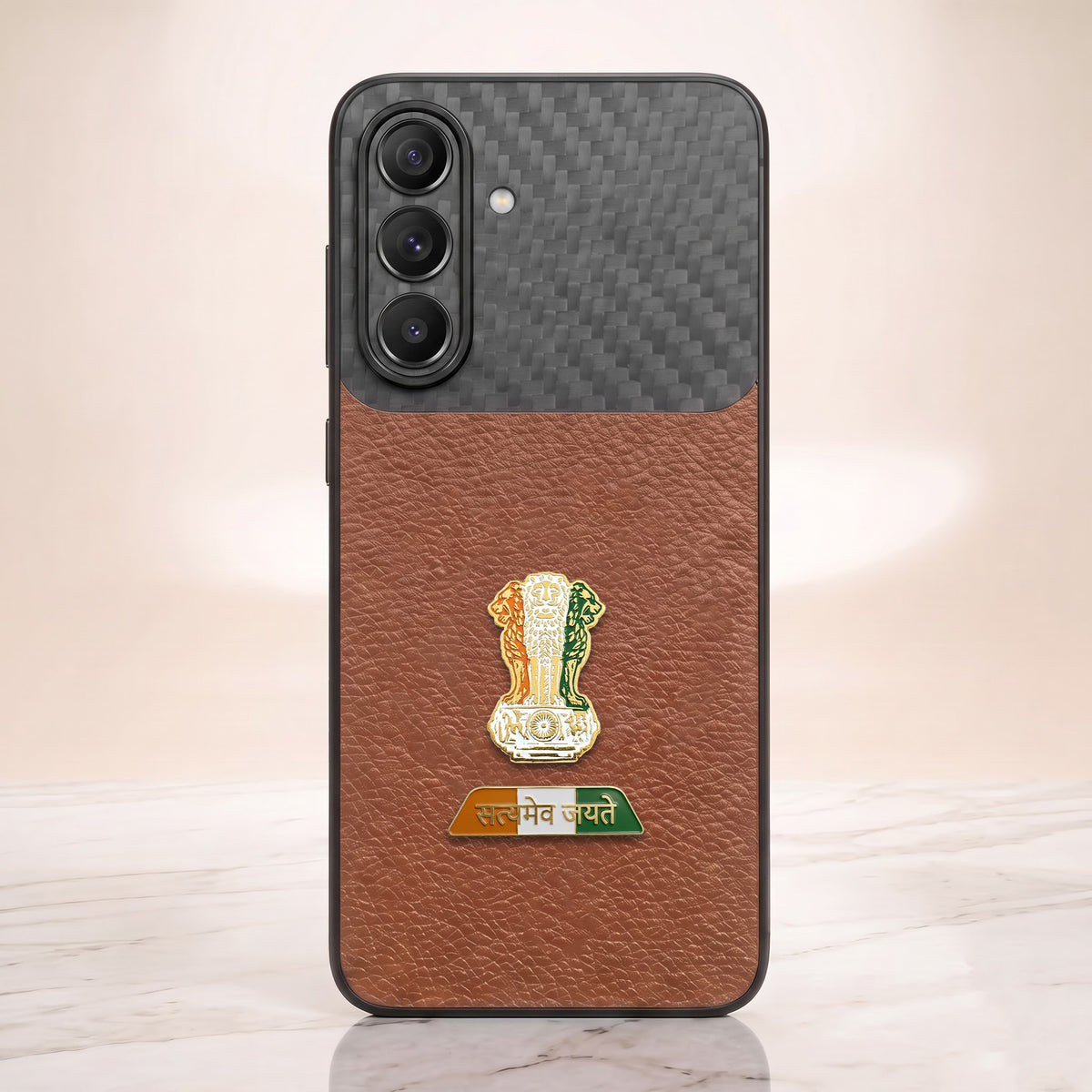 Samsung Galaxy A57 5G Tri-Color Satyamev Jayate Carbon Fiber Leather Hybrid Phone Case