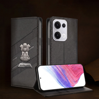 Oppo Reno 13 5G Metal Satyamev Jayate 2-in-1 Emblem Magnetic Flip Wallet Case