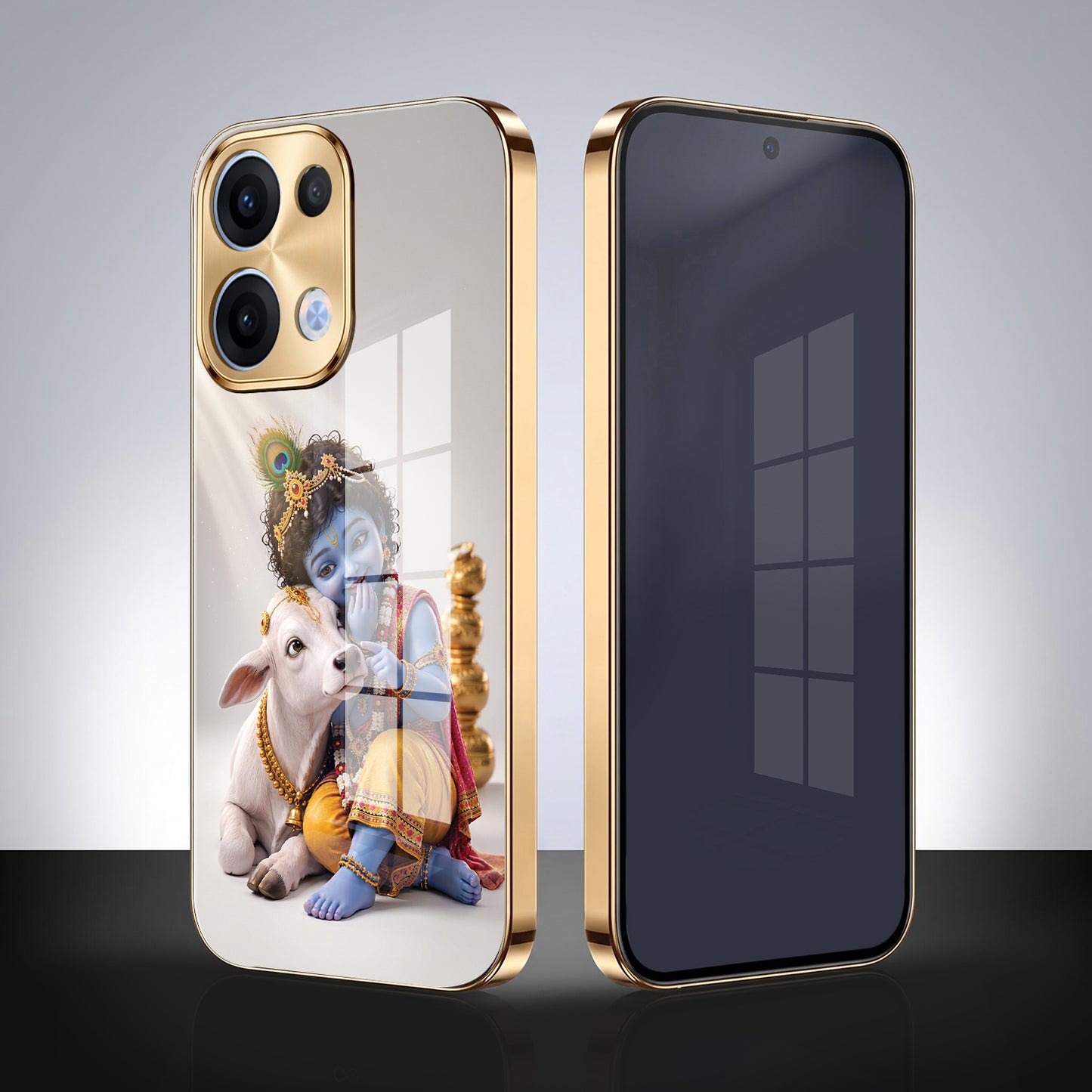 Oppo Reno 13 5G Bal Krishna Blessings Gold Electroplated Glass Phone Back Case