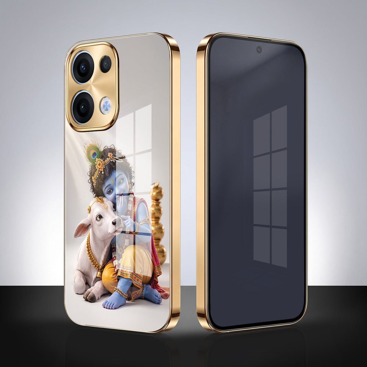 Oppo Reno 13 5G Bal Krishna Blessings Gold Electroplated Glass Phone Back Case