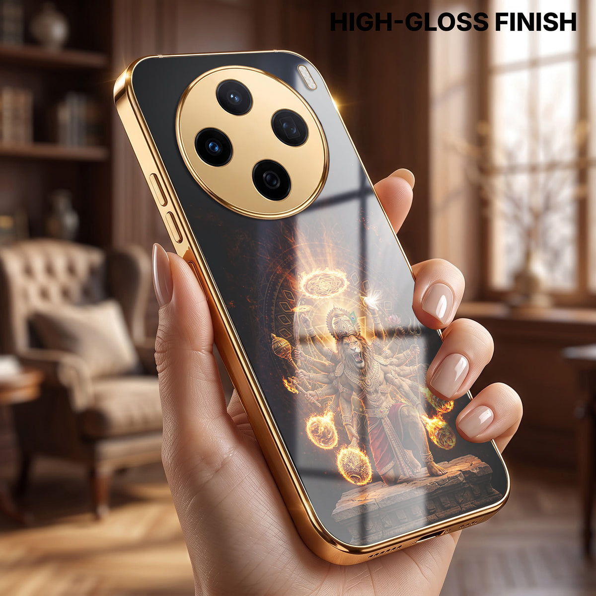 Vivo X200T 5G Lord Narasimha Gold Electroplated Glass Phone Back Case