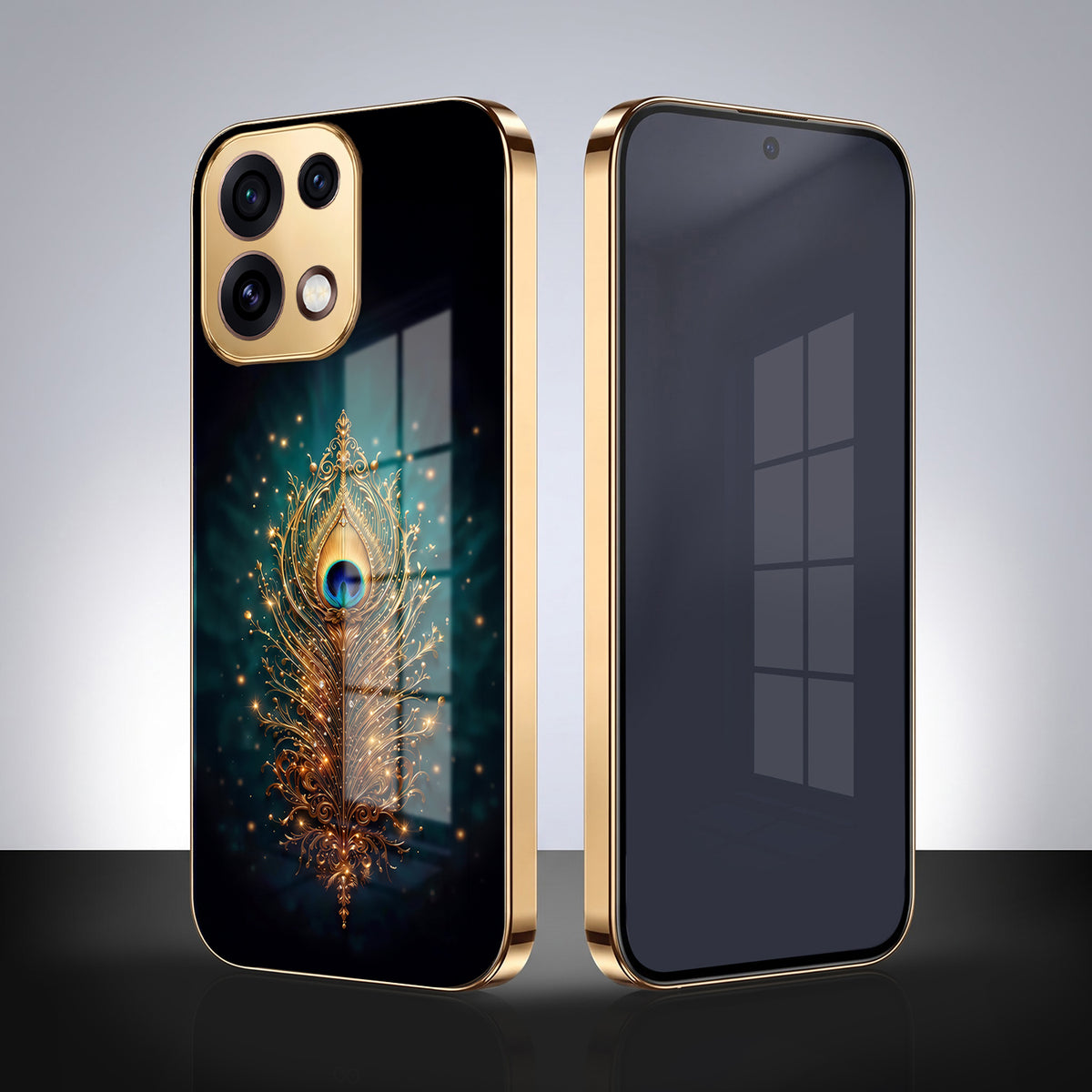 Oppo Reno 16C 5G Golden Peacock Feather Gold Electroplated Glass Phone Back Case