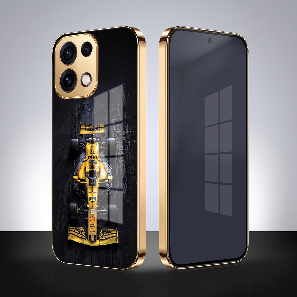Oppo Reno 16C 5G F1 Racing Car Gold Electroplated Glass Phone Back Case