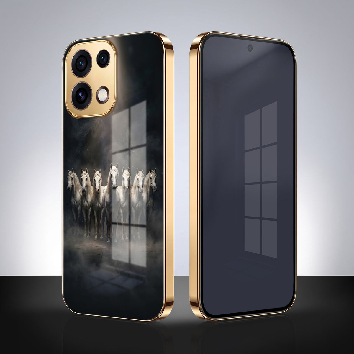 Oppo Reno 16C 5G Running Horses Gold Electroplated Glass Phone Back Case