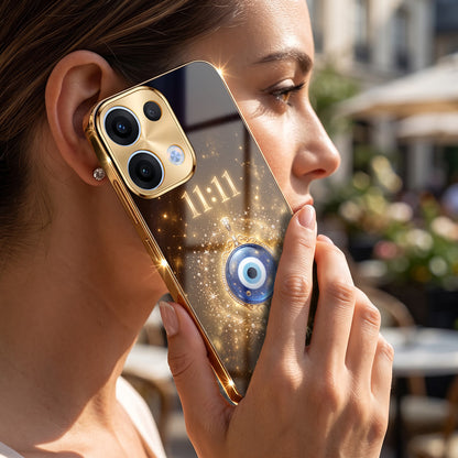 Oppo Reno 13 5G God’s Plan Evil Eye Gold Electroplated Glass Phone Back Case