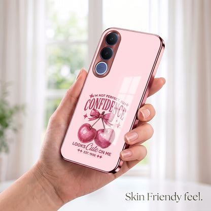 Vivo V70 FE 5G Luxury Cherry Bow Pink Electroplated Glass Phone Back Case