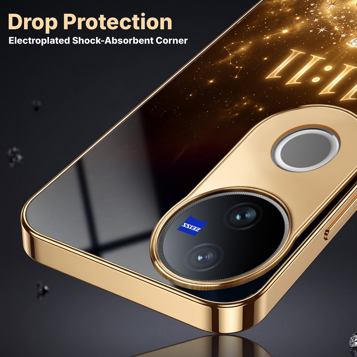 Vivo V50 5G God’s Plan Evil Eye Gold Electroplated Glass Phone Back Case