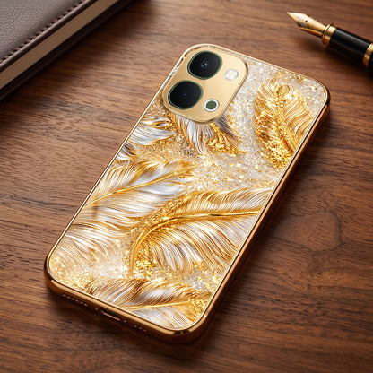 Vivo T5x 5G Golden Feather Marble Gold Electroplated Glass Phone Back Case