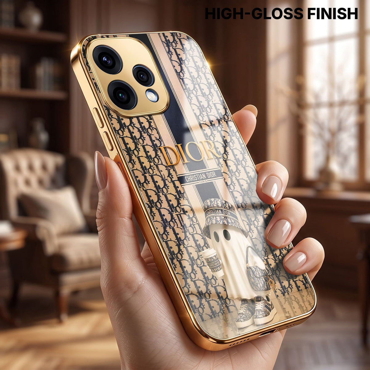Oppo Reno 15 5G Luxury Dior Gold Electroplated Glass Phone Back Case