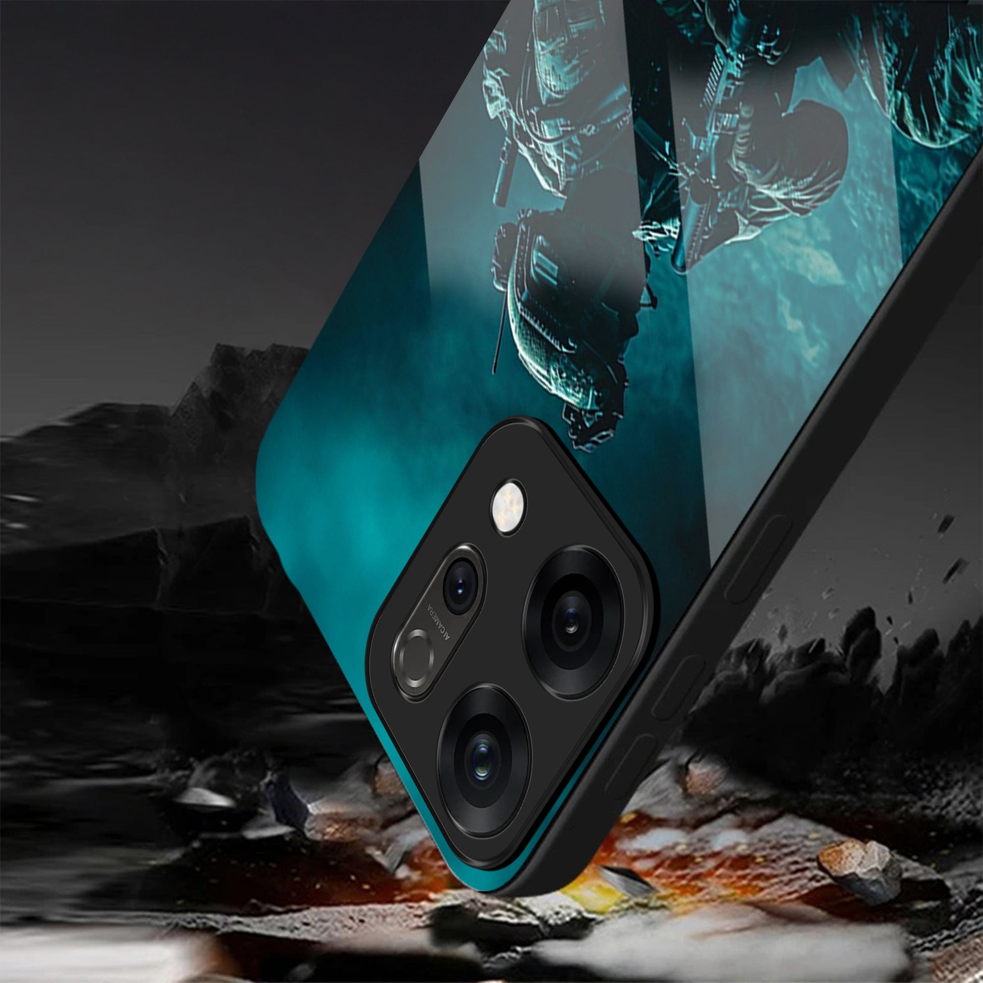 Phone case with a mountainous landscape design on a dark background