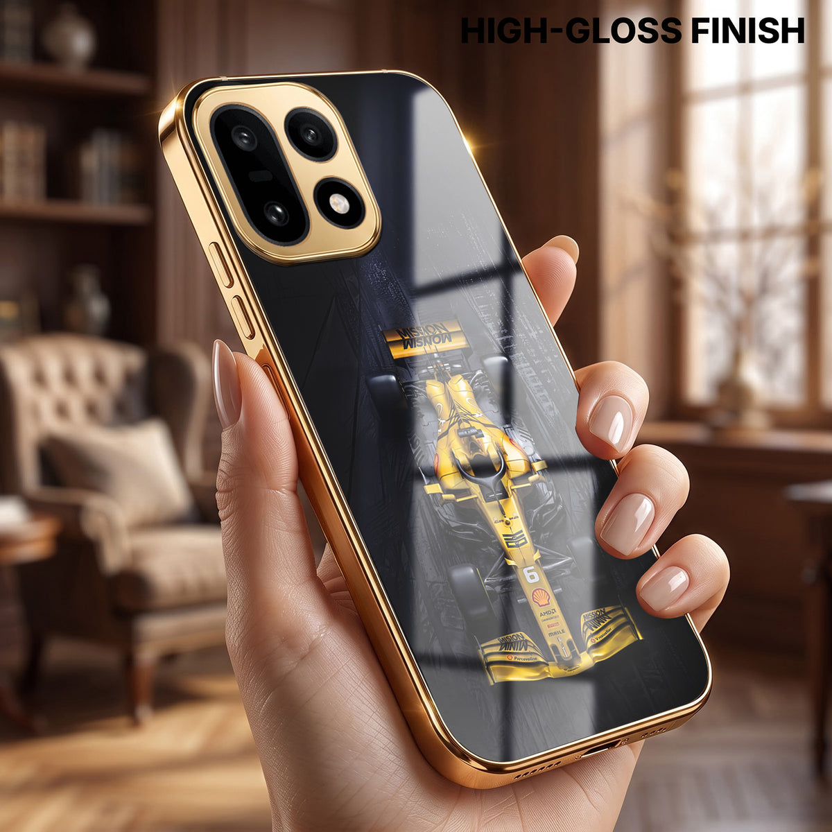 OnePlus 15 5G F1 Racing Car Gold Electroplated Glass Phone Back Case