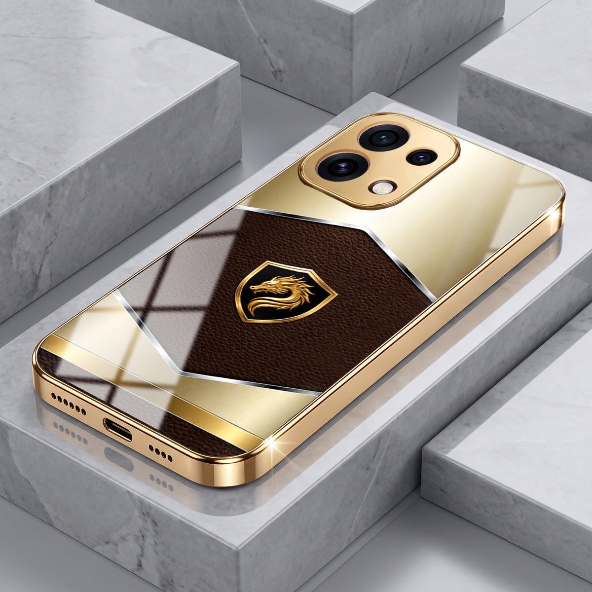 Oppo Reno 16C 5G Dragon Crest Gold Electroplated Glass Phone Back Case