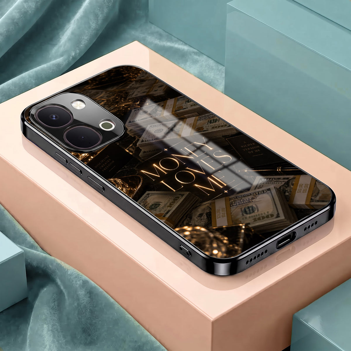 Vivo T5x 5G Money Loves Me Black Electroplated Glass Phone Back Case