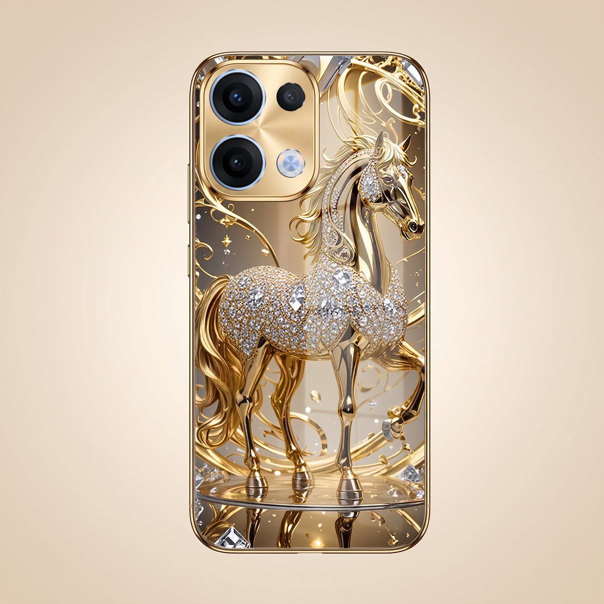 Oppo Reno 13 5G Luxury Horse Texture Gold Electroplated Glass Phone Back Case