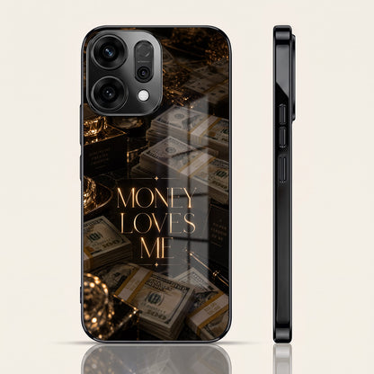 Oppo Reno 14 5G Money Loves Me Black Electroplated Glass Phone Back Case