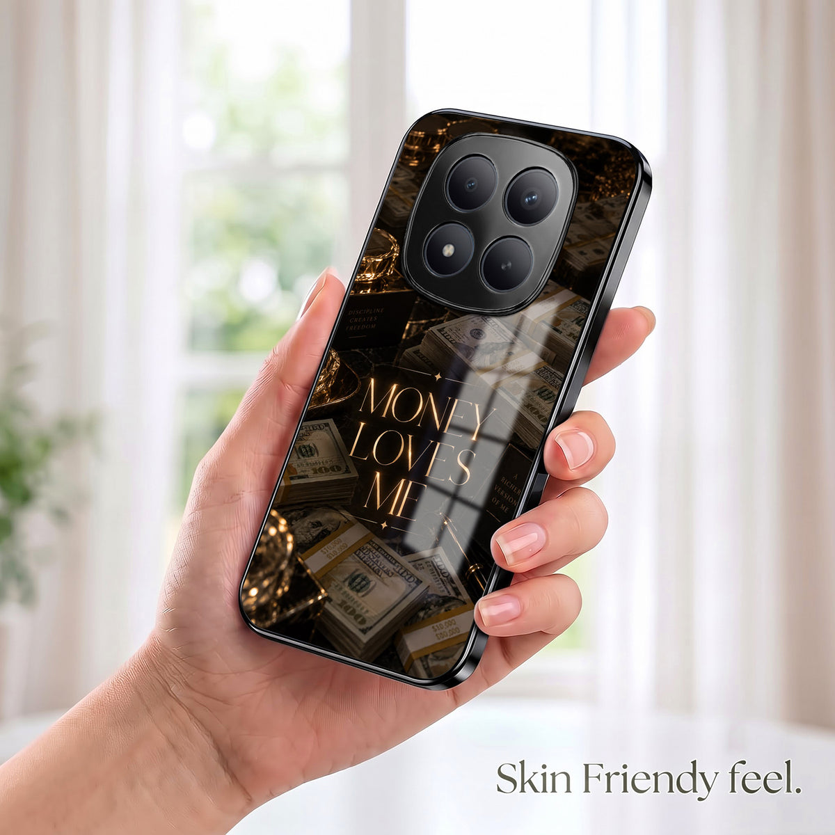 Redmi Note 15 Pro Plus 5G Money Loves Me Black Electroplated Glass Phone Back Case