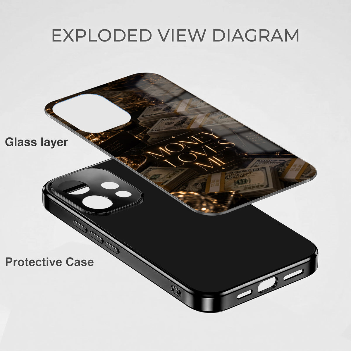 Oppo Reno 15 5G Money Loves Me Black Electroplated Glass Phone Back Case
