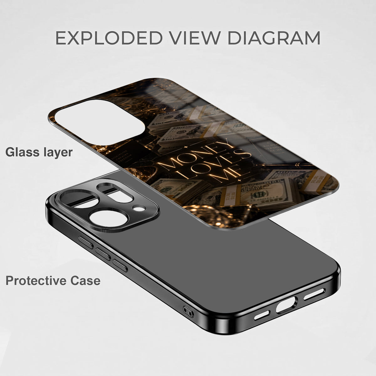 Oppo Reno 14 5G Money Loves Me Black Electroplated Glass Phone Back Case