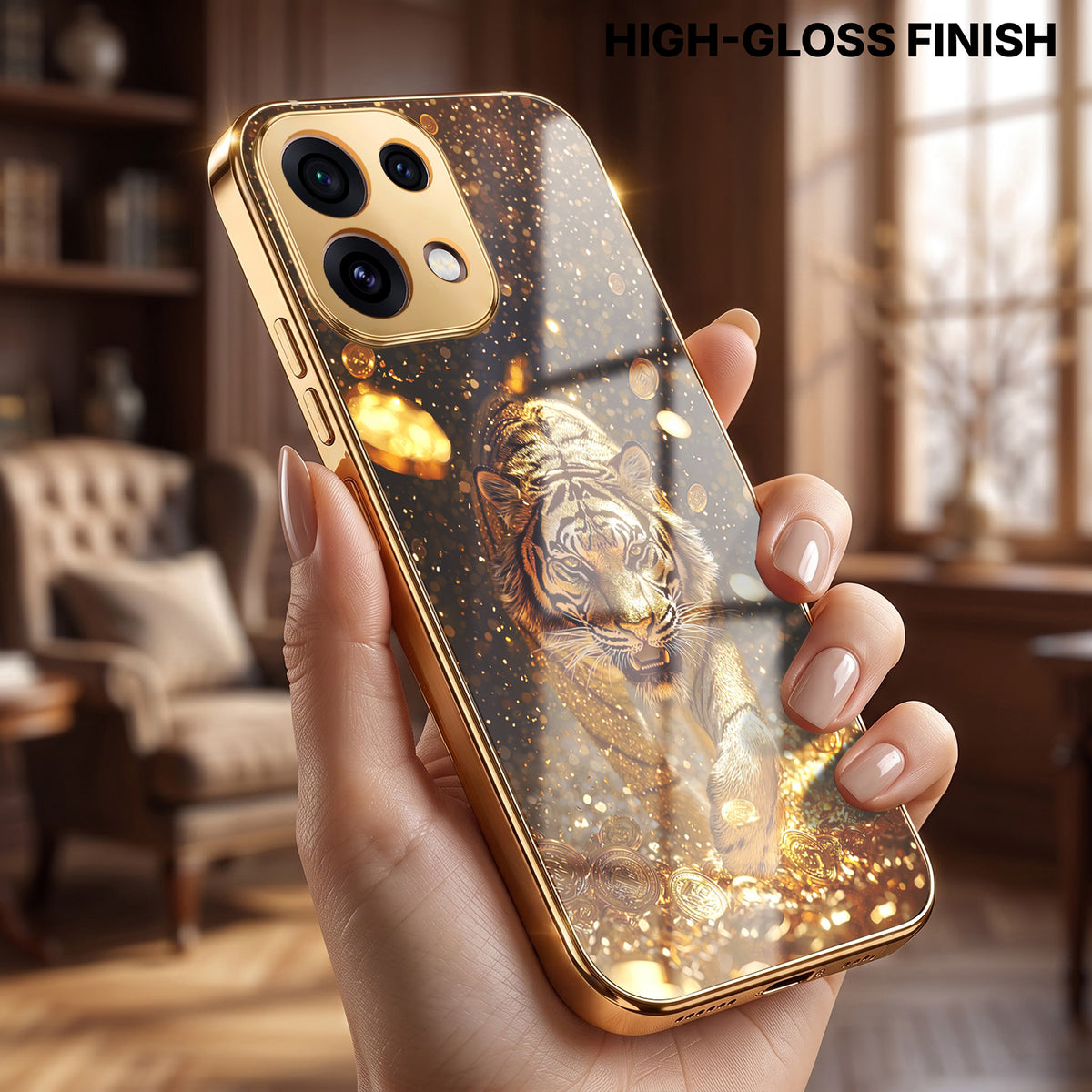 Oppo Reno 16C 5G Luxury Tiger Gold Electroplated Glass Phone Back Case