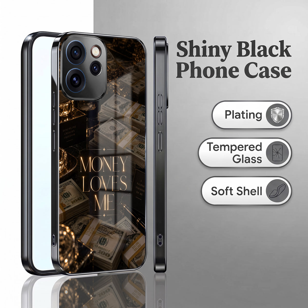 Oppo Reno 15 Pro Mini 5G Money Loves Me Black Electroplated Glass Phone Back Case