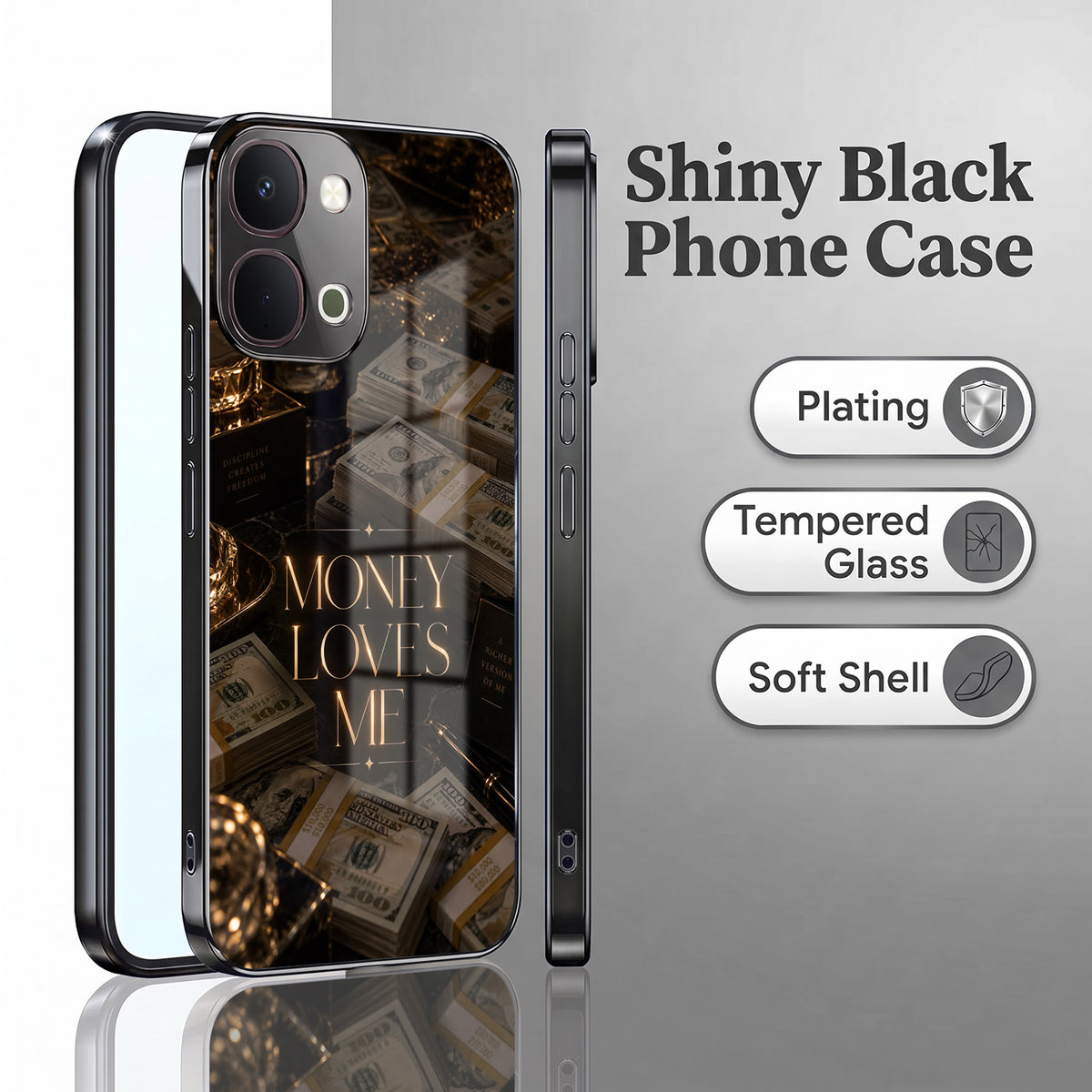 Vivo T5x 5G Money Loves Me Black Electroplated Glass Phone Back Case