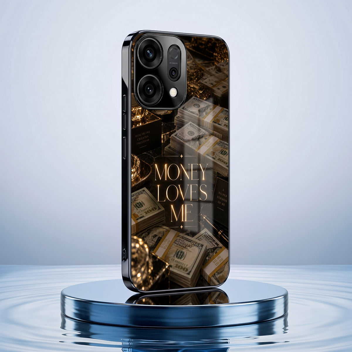 Oppo Reno 14 5G Money Loves Me Black Electroplated Glass Phone Back Case