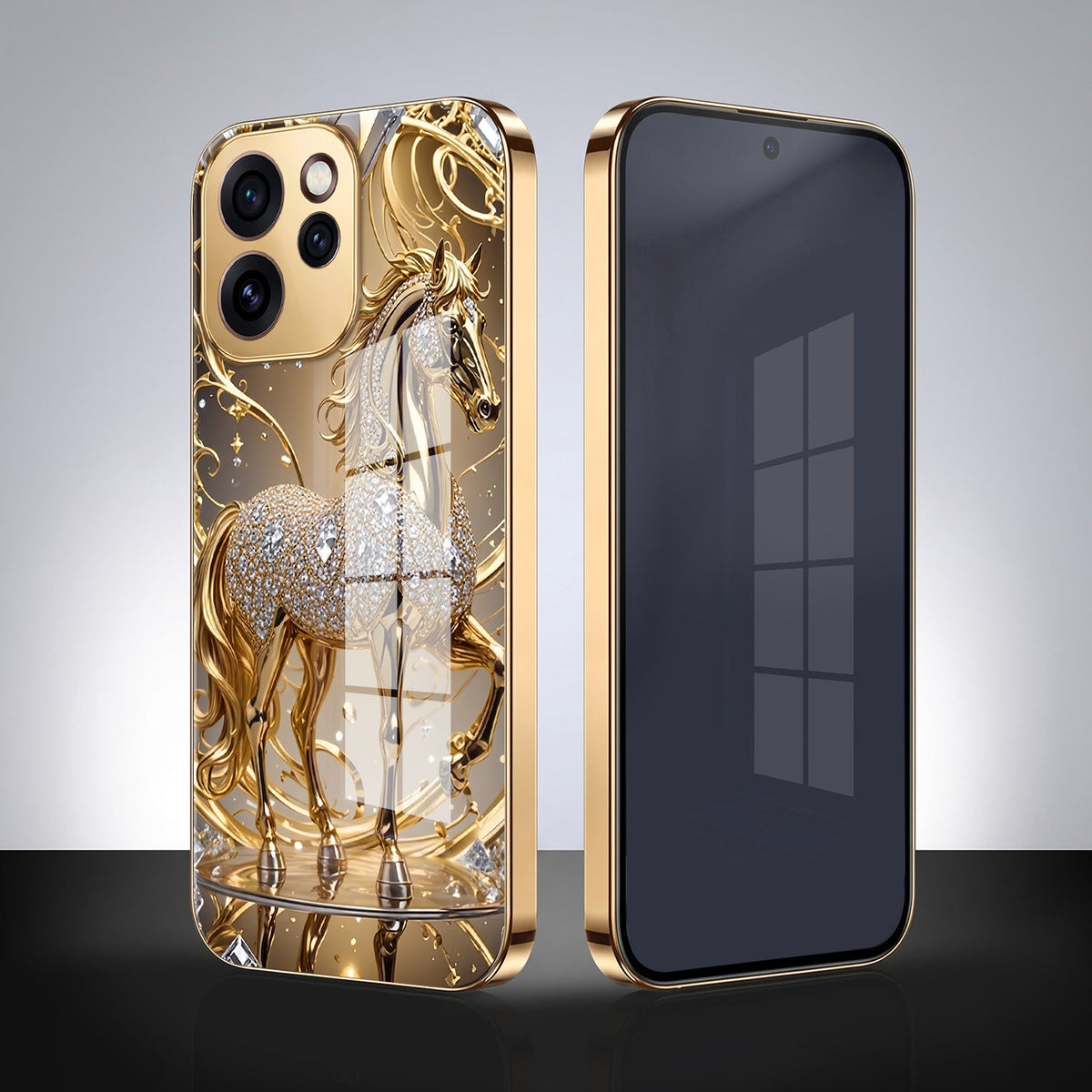 Oppo Reno 15 Pro Mini 5G Luxury Horse Texture Gold Electroplated Glass Phone Back Case