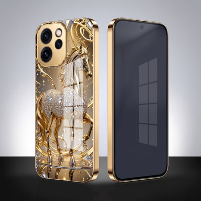 Oppo Reno 15 Pro Mini 5G Luxury Horse Texture Gold Electroplated Glass Phone Back Case