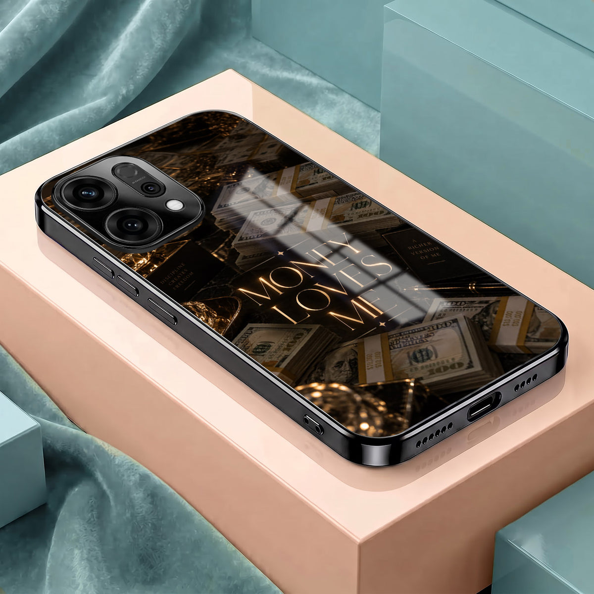 Oppo Reno 14 5G Money Loves Me Black Electroplated Glass Phone Back Case