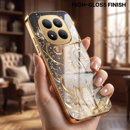 Redmi Note 15 Pro+ 5G Luxury Horse Texture Gold Electroplated Glass Phone Back Case