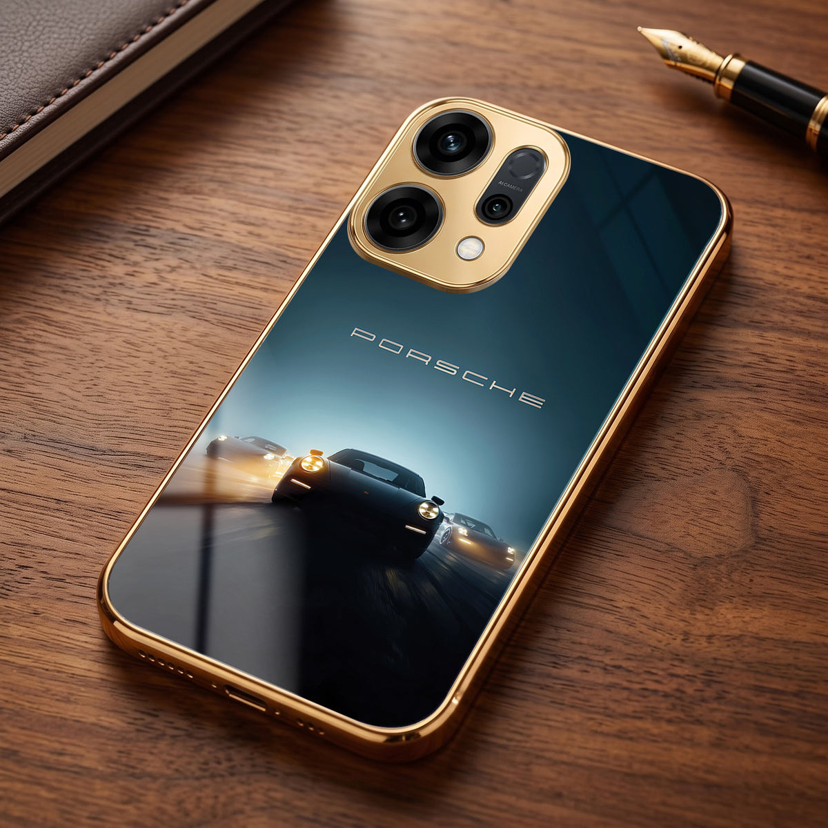 Oppo Reno 14 5G Porsche Luxury Gold Electroplated Glass Phone Back Case