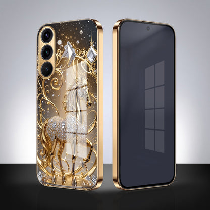 Samsung Galaxy A56 5G Luxury Horse Texture Gold Electroplated Glass Phone Back Case